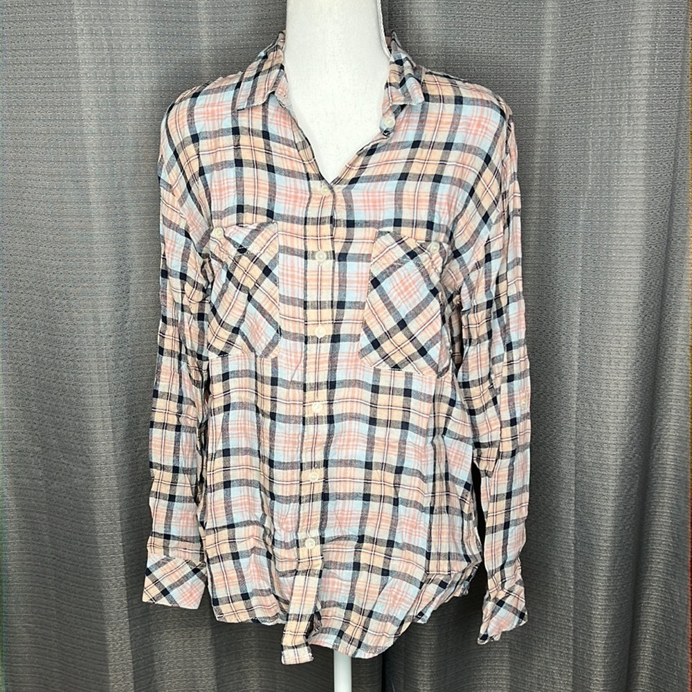 SANCTUARY SMALL BOYFRIEND SHIRT PLAID ORANGE AND BLUE